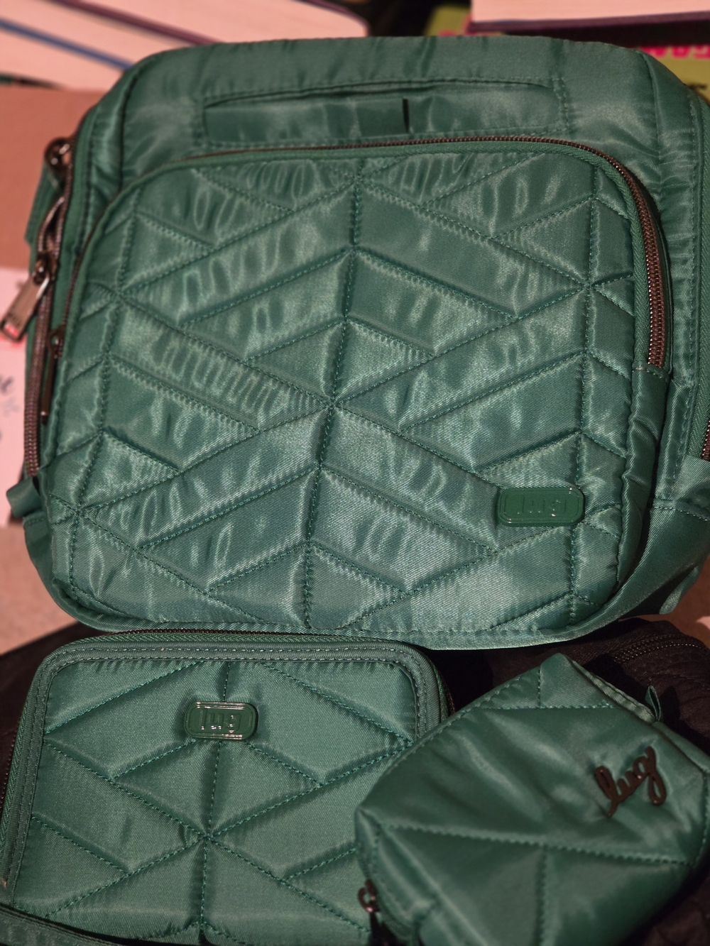 Lug Quilted Kelly Green Bundle of Ranger, Rodeo Wallet and small pouch